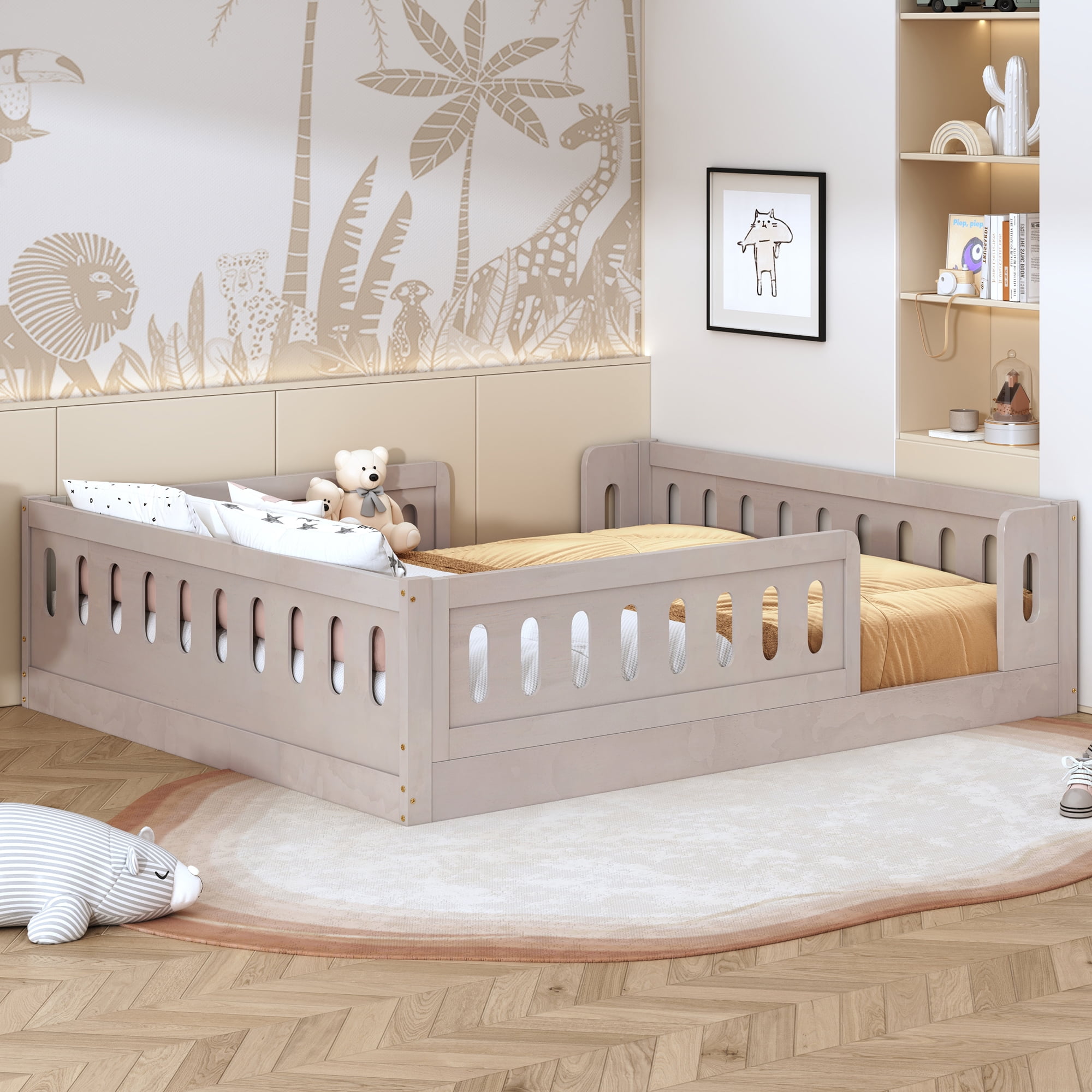 Solid Pine Wood Full Size Kids Platform Bed with Semi-Enclosed Safety Guardrail, Fits 6"-8" Mattress No Box Spring Needed Low Floor Bed