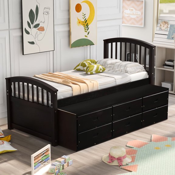 Solid Pine Wood Platform Bed Frame with 6 Storage Drawers, 10 Wood Slats Support Holds up to 200 lbs, No Box Spring Needed, Modern Mission Headboard Design, Twin Size, Espresso