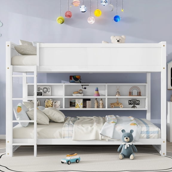 [Queen Size Solid Pine Wood High-Rise Bed with Built-in Storage, No Box Spring, White for Bedroom]