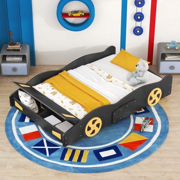 Solid Pine Wood Race Car Bed with Storage & Wheels | Black+Yellow