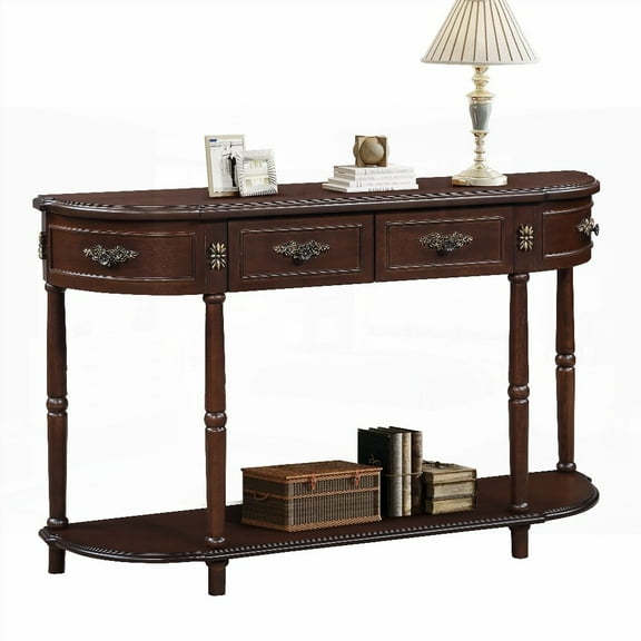 Solid Pine Wood Retro Curved Console Table, 52-inch Circular Half Moon with 2 Real Drawers & Open Shelf, Ideal for Living Room & Hallway, Espresso