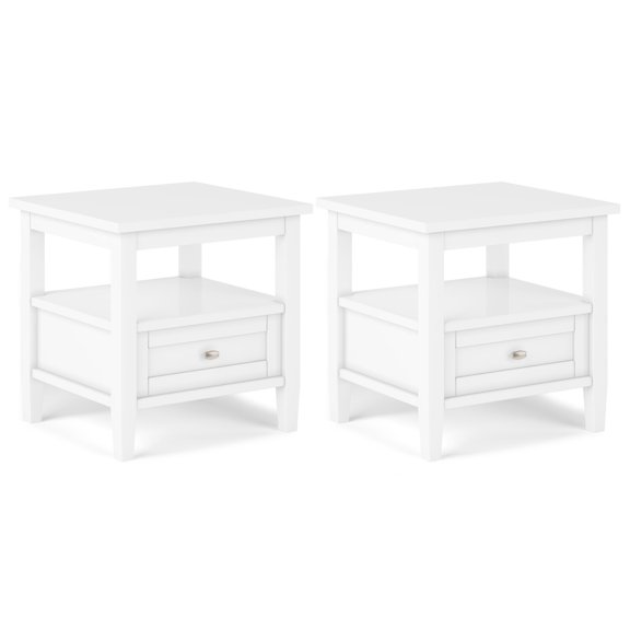 Solid Pine Wood Shaker Style Side Tables with Storage Drawer & Open Shelf - Set of 2