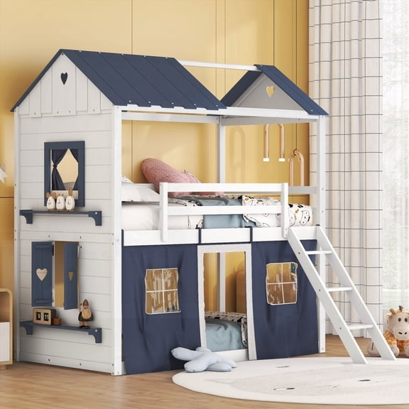 Solid Pine Wood Twin Size Bunk Bed with Fun Windows & Tent