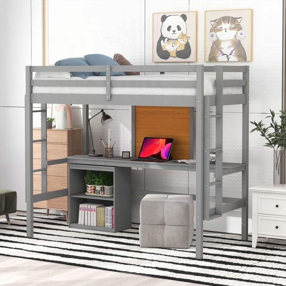 Solid Pine Wood Twin Size Loft Bed with Desk & Drawers - Gray - Walmart.com