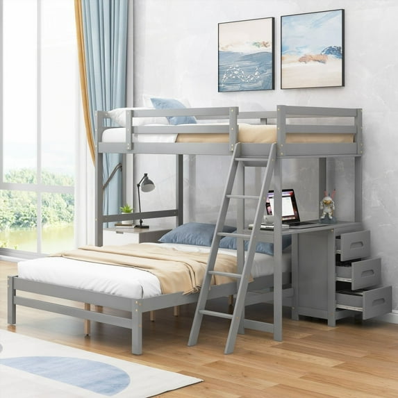 Grey Twin over Full Bunk Bed - Features Built-in Desk & Three Drawers for Convenience