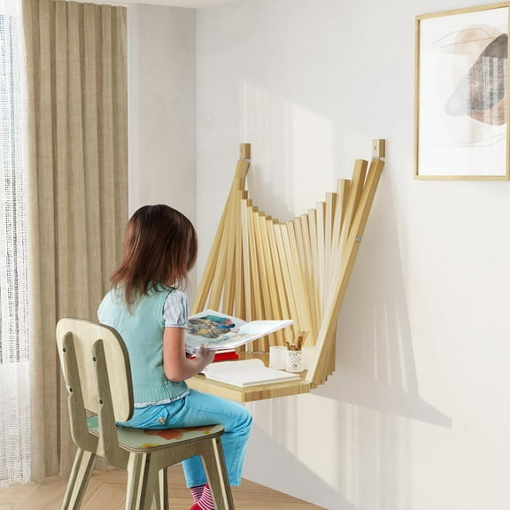 Solid Pine Wood Wall Mounted Folding Table, Space-Saving Floating Drop Leaf Desk, Fold Down Shelf for Kids Study/Home Office Small Apartment Workstation