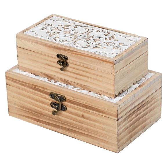 Solid Pine Wooden Storage Box Set of 2 Hand-Carved Floral Decorative Boxes with Hinged Lids, Rustic Farmhouse Organizer for Jewelry, Photos, and Keepsakes
