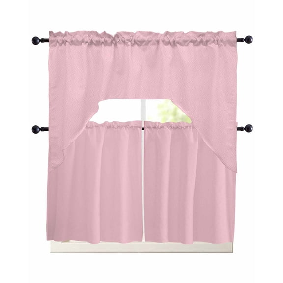 Solid Pink Kitchen Curtains Swag Valance and Tier Curtains Set 24 Inch Length, Romantic Minimalism Abstract Denim Texture Rod Pocket Drape Panels Pair Swag Curtain for Bathroom/Cafe/Window