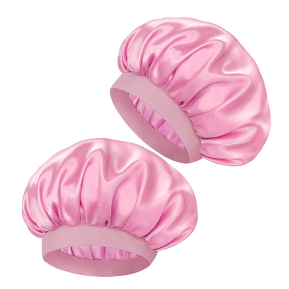 Solid Pink Satin Bonnets for Hair Women Sleeping Beige Night Sleep Caps Single Layer 2 Pack