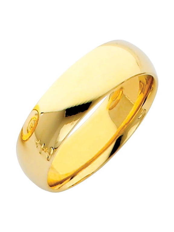 Solid Plain Wedding Band 14k Yellow Gold Ring Comfort Fit Polished Finish, 6 mm, Size 6
