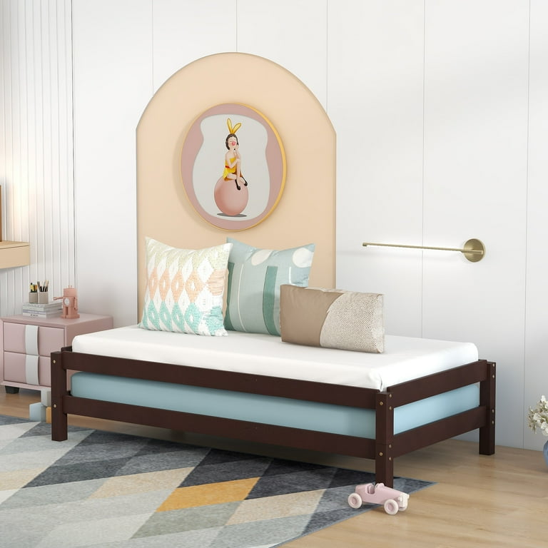 Solid Platform Bed Twin Size 2 Twin Wood Bed Guest Bed Stackable