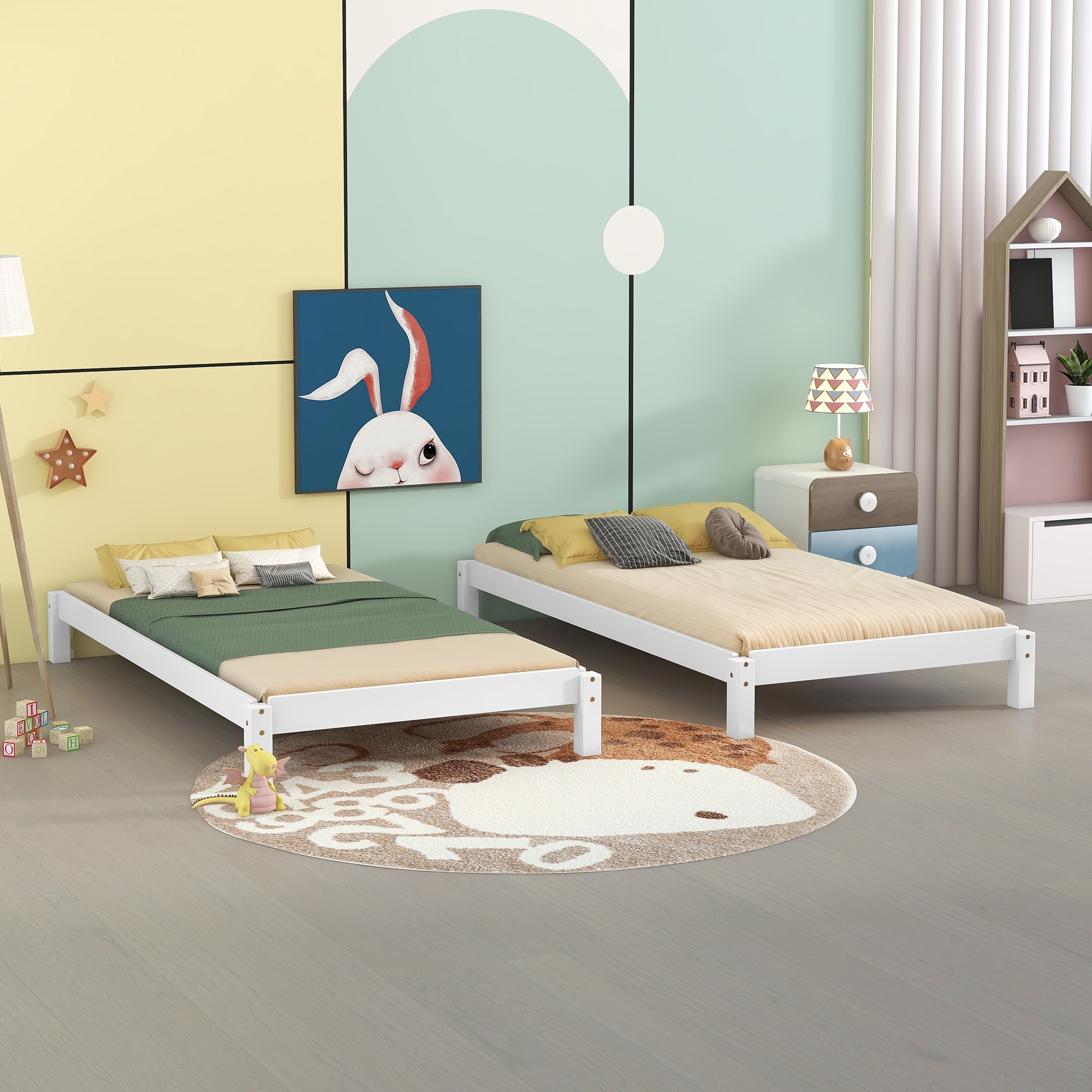 Solid Platform Bed Twin Size, 2 Twin Wood Bed Guest Bed Stackable Bed