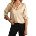 thumbnail image 1 of Solid Pleated Detail Collared Long Sleeve Satin Blouse for Women Beige X-Large, 1 of 5
