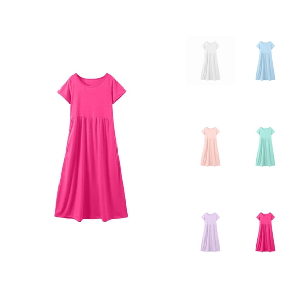 Solid Pocket Long Dress for Girls – Crew Neck Short Sleeve Comfort Gown Ages 3-12, Practical Vacation Wear, Functional Alternative to Pink Dress for Girls Style