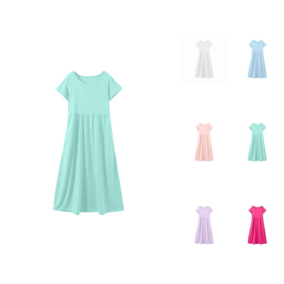 Solid Pocket Long Dress for Girls – Crew Neck Short Sleeve Comfort Gown Ages 3-12, Practical Vacation Wear, Functional Alternative to Pink Dress for Girls Style