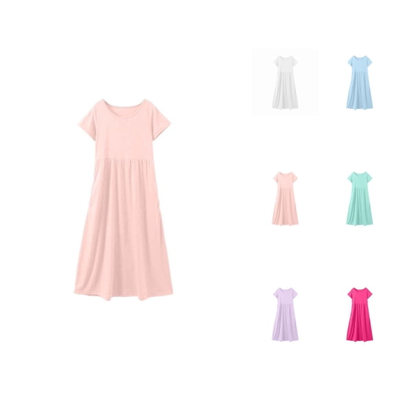 Solid Pocket Long Dress for Girls – Crew Neck Short Sleeve Comfort Gown Ages 3-12, Practical Vacation Wear, Functional Alternative to Pink Dress for Girls Style
