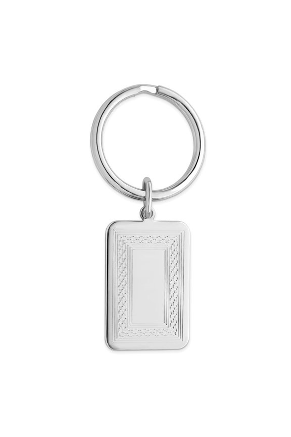 Solid Polished Engravable Silver Plated and Rhodium Patterned Border Key Ring Jewelry for Men