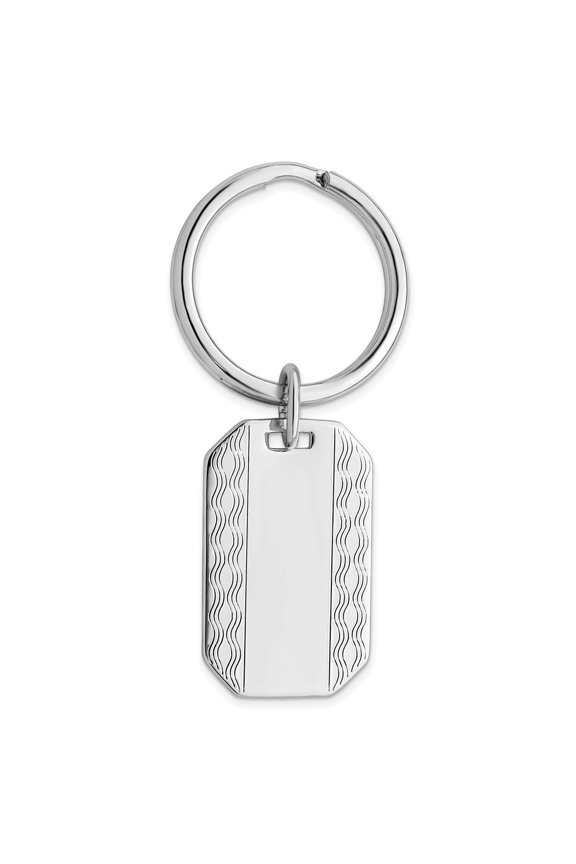 Solid Polished Engravable Silver Plated and Rhodium Patterned Edge Key Ring Jewelry for Men