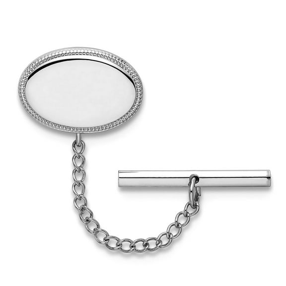Solid Polished Engravable (front only) Rhodium Plated Oval Beaded Tie Tack 11x18mm Wide Tie Clip for Men
