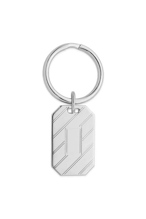 Solid Polished Patterned Engravable Silver Plated and Rhodium Etched Diagonal Line Key Ring Jewelry for Men