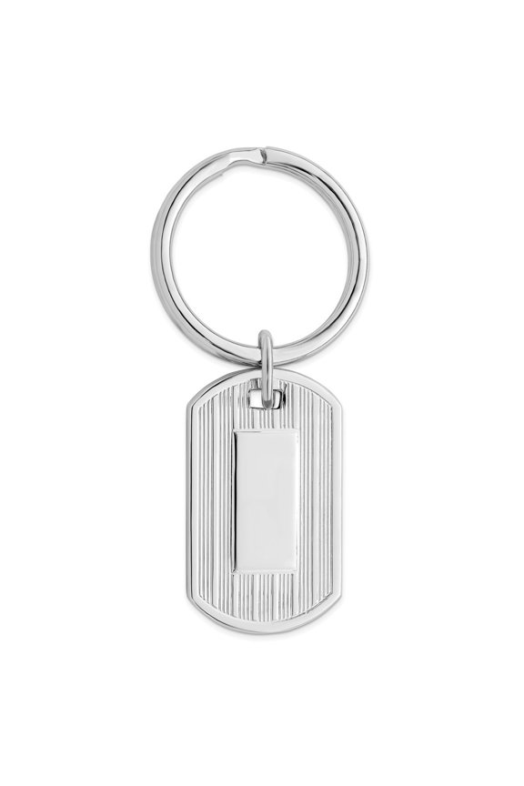 Solid Polished Patterned Engravable Silver Plated and Rhodium Etched Lines Key Ring Jewelry for Men