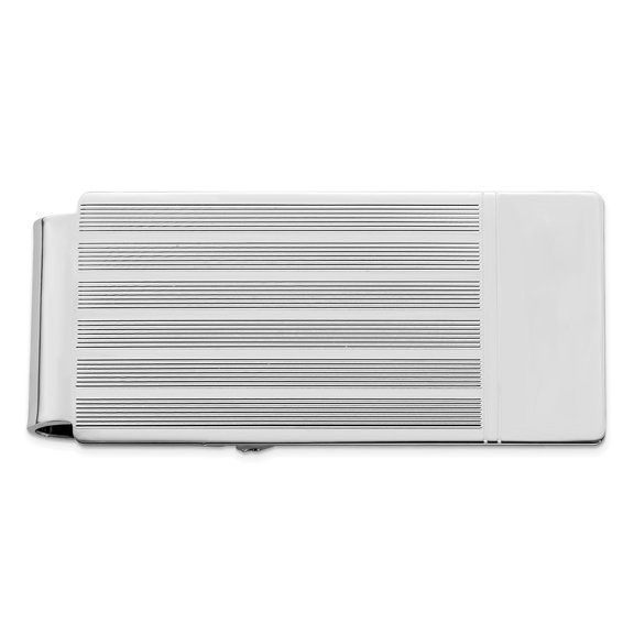 Solid Polished Patterned Engravable (front only) Silver Plated and Rhodium Etched Lines Hinged Money Clip Measures 50x23