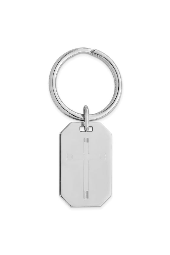 Solid Polished Patterned Rhodium Plated Religious Faith Cross Engravable Key Ring - Key Chain for Men