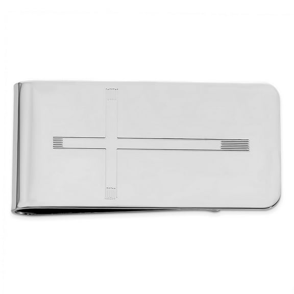 Solid Polished Patterned Rhodium Plated Religious Faith Cross Engravable Money Clip Measures 52x28mm Wide - Money Clip f