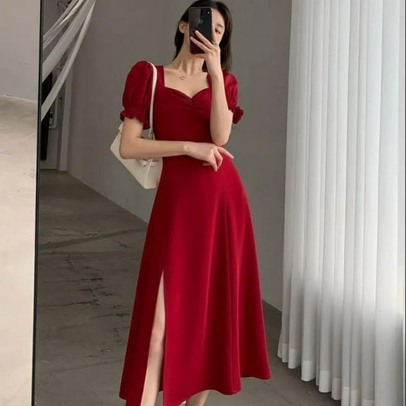 Solid Puff Short-Sleeved Elegant Slit Dress New Fashion Women V-neck Full Dresses Ladies High Waist Slim Evening Party Vestidos