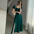thumbnail image 1 of Solid Puff Short-Sleeved Elegant Slit Dress New Fashion Women V-neck Full Dresses Ladies High Waist Slim Evening Party Vestidos, 1 of 9