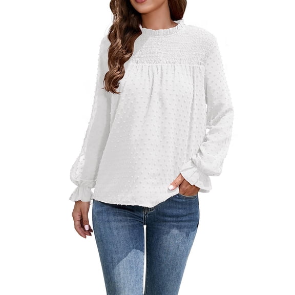 Solid Puff Sleeve Pullover for Women Round Neck Chiffon Tops Autumn Pleated Dots Blouse