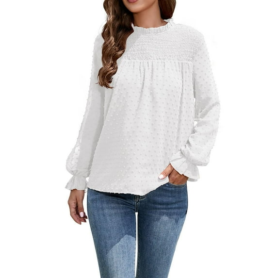 Solid Puff Sleeve Pullover for Women Round Neck Chiffon Tops Autumn Pleated Dots Blouse