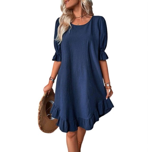 Solid Puff Sleeve Ruffle Hem Smock Round Neck Loose Ruched Beach Short Dress Dark Blue M