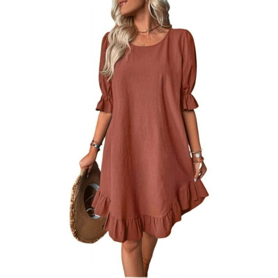 Solid Puff Sleeve Ruffle Hem Smock Round Neck Loose Ruched Beach Short Dress Embroidered Red L