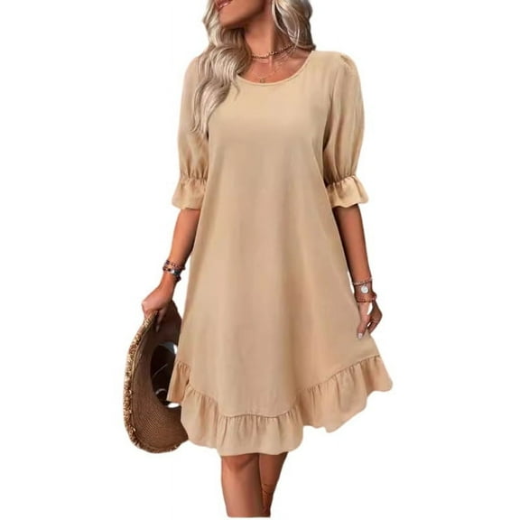 Solid Puff Sleeve Ruffle Hem Smock Round Neck Loose Ruched Beach Short Dress Khaki S