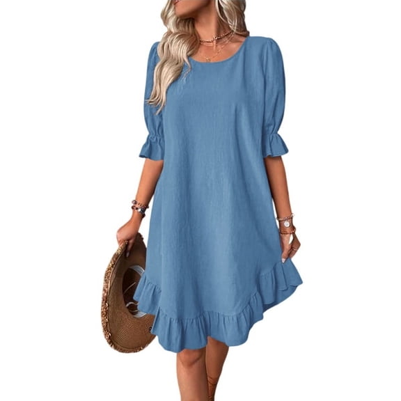Solid Puff Sleeve Ruffle Hem Smock Round Neck Loose Ruched Beach Short Dress Blue XXL