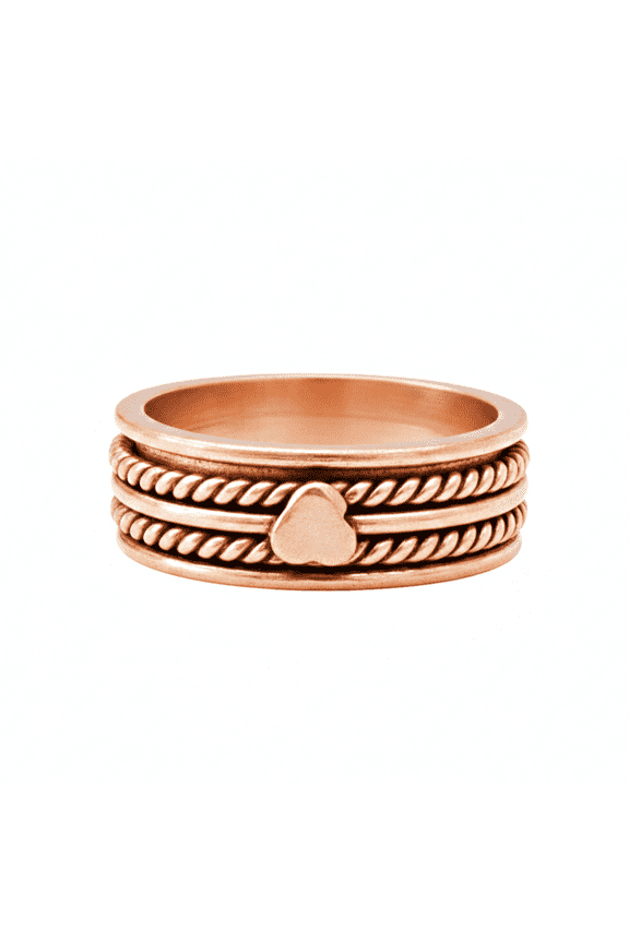 Solid Pure Copper Spinner Ring, Rope Detail Heart Accent Spinning Band, Handmade Meditation Band Ring