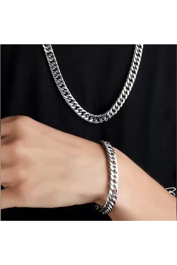 Solid Pure Titanium Link Titanium Hip Hop Necklace And Bracelet,Set of 2