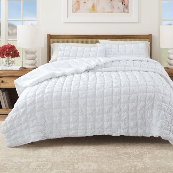 Solid Quilt Set - Lightweight, Soft, All-Season - 2-Piece Puff Textured Bedding Set (Twin / Twin XL, White)