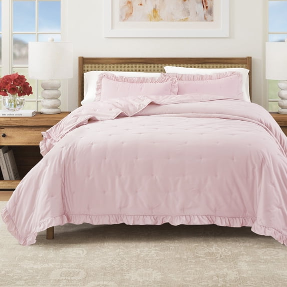 Solid Quilt Set - Lightweight, Soft, All-Season - 3-Piece Dot Stitch Ruffled Bedding Set (Full / Queen, Pink)