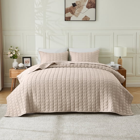 Gauze Wave Stitched Quilt Set With Shams - Great Bay Home (King / California King, Bone)