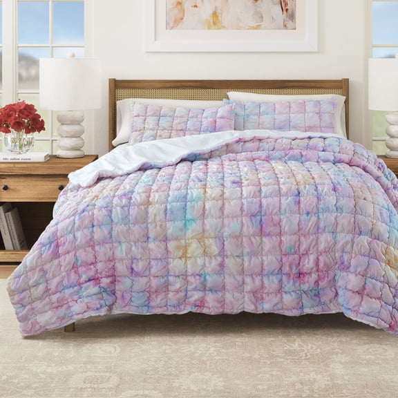 Solid Quilt Set - Lightweight, Soft, All-Season - 3-Piece Puff Textured Bedding Set (Full / Queen, Tie-Dye)