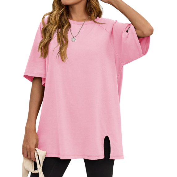 Solid Raglan Sleeve Women Crewneck Loose T-shirt Split Sport Oversize Tee Tops
