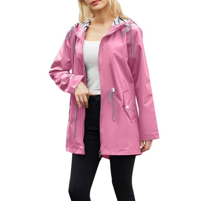 Solid Raincoat Hooded Outdoor Rain Windproof Jacket Women’s Jackets ...
