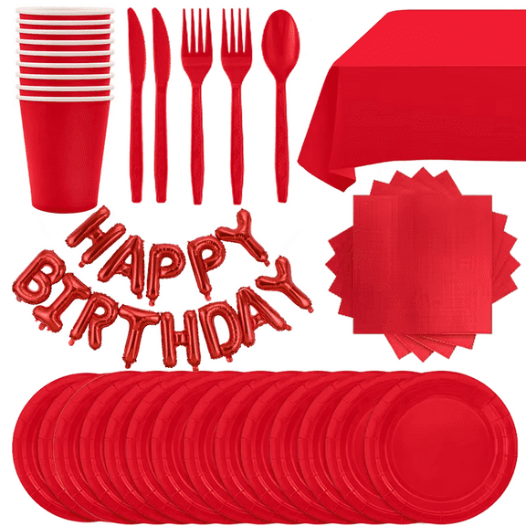 Solid Red Birthday Decorations Kids Supplies Party Disposable Tableware Paper Napkins Cups Plates Tablecloths Straws Fork Spoon