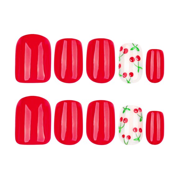 Solid Red Cherry Pattern Press on Nails, Short Squoval Glossy Finish False Nails, 24 Count