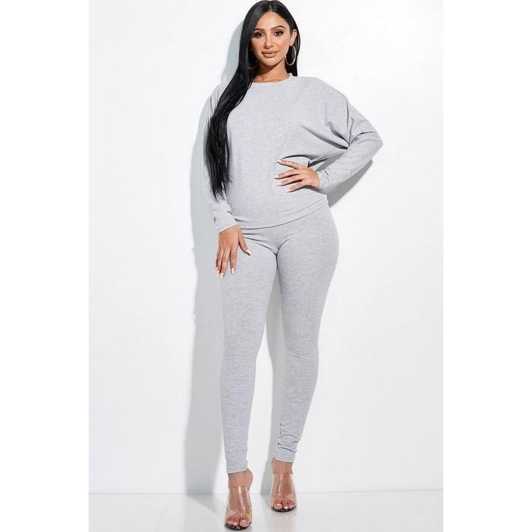 Solid Rib Knit Dolman Sleeve Top And Leggings Two Piece Set 
