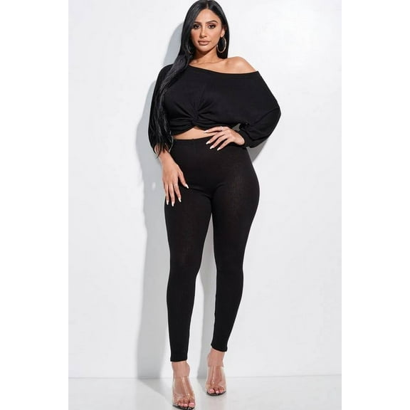 Solid Rib Knit Knotted Front Top And Leggings Two Piece Set