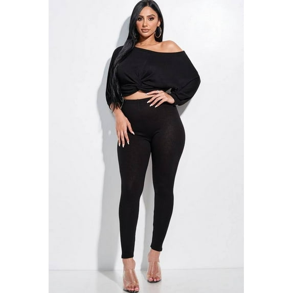 Solid Rib Knit Knotted Front Top And Leggings Two Piece Set