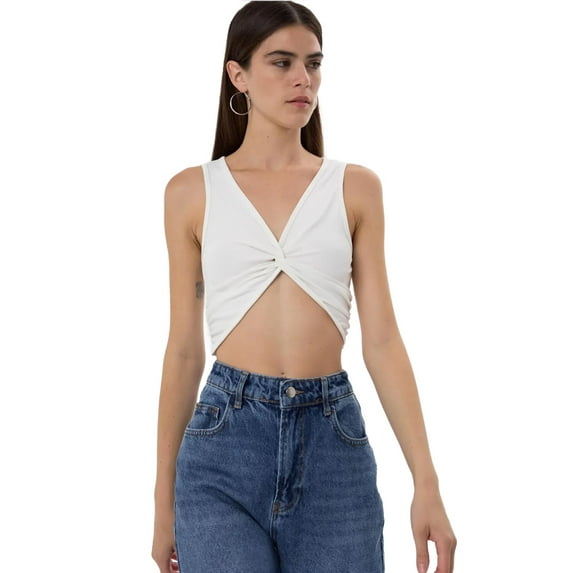 Solid Rib Twist Front Crop Top